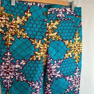 Ankara Womens Pants Straight Leg Button Zipper Closure Pockets Blue Purple Tan